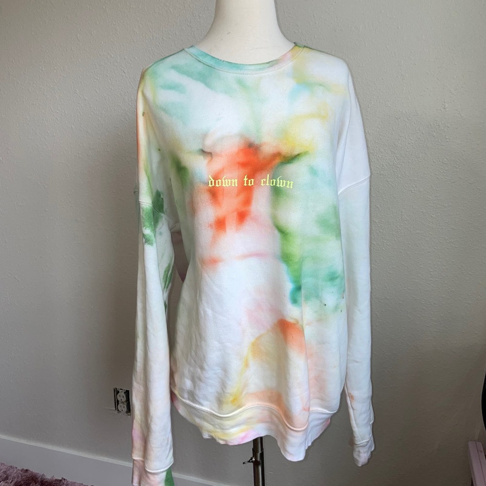 Rainbow hand dyed brand new sweatshirt with "Down to Clown" text